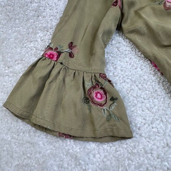 John Mark Olive Green Floral Embroidered Blouse Ruffle Bell Sleeve - Picture 4 of 9